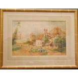 A 19th century watercolour by Royal Worcester artist CH Baldwyn, thatched cottage with sheep and