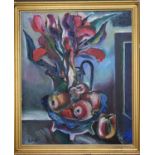 Sava Savov (20th century) still life of fruit in a bowl and irisis, signed, oil on canvas, 64 by