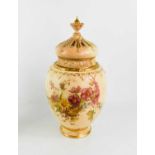 A fine Royal Worcester pot pourri vase, with inner cover and lid, the peach ground vase painted