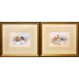 A pair of watercolours by Royal Worcester artist James Stinton, depicting mallards in landscape,