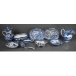 A group of Victorian blue and white pottery, to include jugs, ladle, leaf form bowl, tureen and