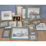 A large group of 19th century framed engravings, some hand coloured, to include Boston tower,