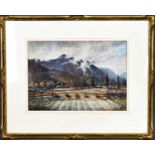 M A English (20th century): mountain landscape with fence to the fore, watercolour, signed, 24 by