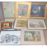 A group of prints and paintings to include watercolours and a 20th century oil on canvas after