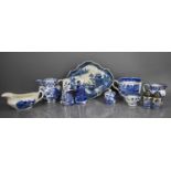 A group of Victorian blue and white pottery, to include jugs, gravy boat, platter, salt and pepper
