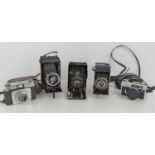 A group of vintage cameras to include Voigtlander rapid folding camera, Ilford Sportsman, Ricoh 500G