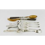 A set of five silver fish forks, together with continental tea strainer, pair of horn salad servers,