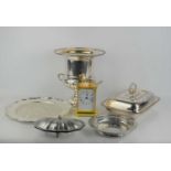 A 19th century silver plated wine cooler together with a large silverplated tray, cutlery and