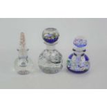 Three millefiori glass scent bottles paperweights by John Deacon and Perthshire