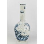 A Chinese blue and white bottle vase, embossed with a dragon chasing a pearl to the body, the neck