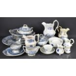 A group of Victorian blue and white pottery to include tureen with ladle, jug with lion form