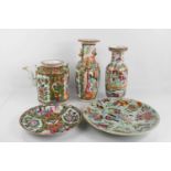 A group of Chinese famille rose and other ceramics, to include tea pot, two vases and two plates.