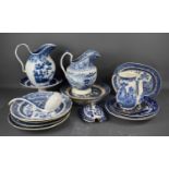 A group of Victorian blue and white pottery, to include two large water jugs, coffee pot, plates,