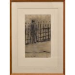 A LS Lowry print of a sketch of man by railings, 21cm by 13cm.