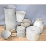 A group of galvanised items to include chicken feeder. buckets, measures and an aluminium milk