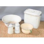 A group of vintage enamel ware to include a bread bin, canteen, washbowl and others.