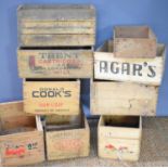 A group of vintage wooden crates to include Trent Cartridges, Donald Cooks ham loaf, Australian