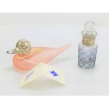 A Bolcas perfume bottle with silver collar together with a Bolcas pink glass duck ornament with