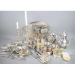 A chaffing stand, and a collection of silver plate, including four wine coasters, a pair of