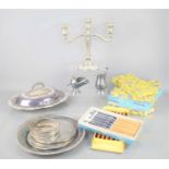 A group of silver plated items to include candelabra, tray, tureen,and a quantity of Sanenwood