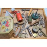 A group of vintage keys and locks together with a brass fishing reel, oil can, Dormer drill bits and