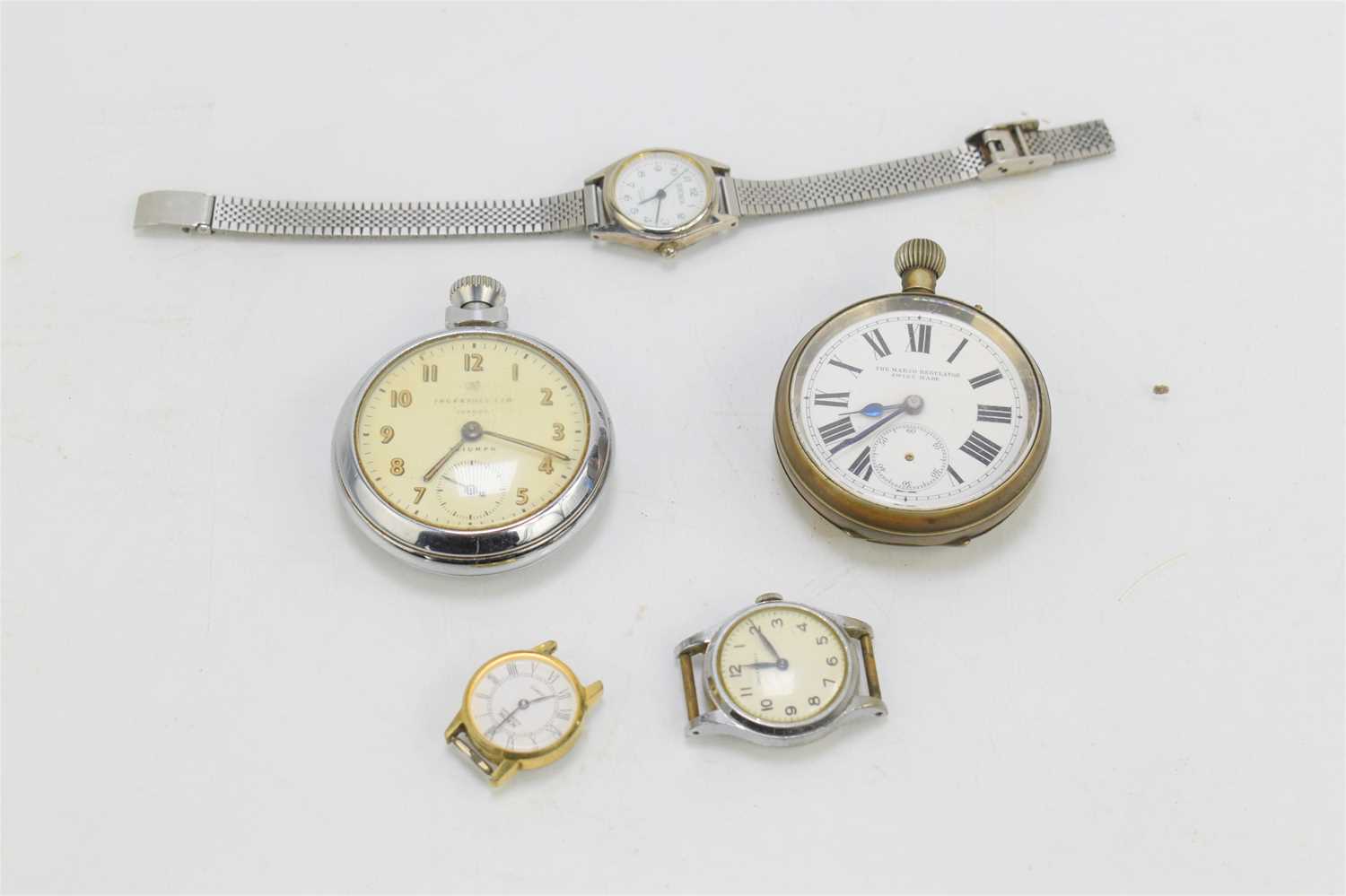 A vintage railway regulator pocket watch, an Ingersoll Triumph pocket and three wristwatches, A/F.