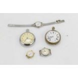 A vintage railway regulator pocket watch, an Ingersoll Triumph pocket and three wristwatches, A/F.