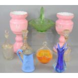 Two Victorian pink glass vases together with glass decanters, Murano style vase and other items.