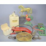 A brass horse doorstop, a set of Salter 235t spring balance scales, Valor paraffin can in original