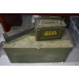 A large 1940s metal military ammo box together with later American example.