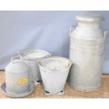 A large aluminium milk churn, two buckets and a galvanised feeder.