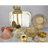 A quantity of vintage metalwares to include enamel trays, brass trays, fireside companion set and