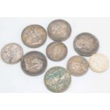 A small group of silver coins to include two Victoria crowns, George V crown, 1888 Spanish 5