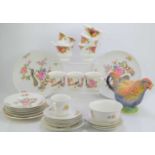 A group of ceramics to include Royal Albert Old Country Roses cups, rooster teapot and other items.