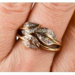 A 9ct gold and diamond leaf design ring, size Q ½, 3.5g.