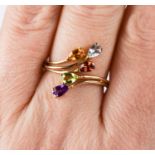 A 9ct gold, amethyst, peridot, garnet, citrine and topaz ring, size P, 3g.