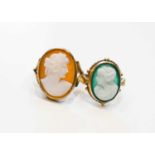 Two 9ct gold cameo rings, one of green agate, with white female portrait in profile, size N, the