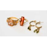 A group of 10ct marked jewellery, comprising a ring with antique cut orange coloured stone,