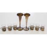 A set of six 930 silver and engraved glass toddy glasses, the silver holders pierced and chased with