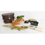 A group of collectables to include vintage binoculars, Pinchbeck West clock, brass crocodile and
