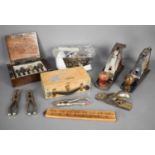 A group of vintage tools to include a Record wood plane, Acorn plane, drill bits and other items.