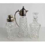 A silver plated and pressed glass claret jug together with a cocktail shaker and Royal Doulton