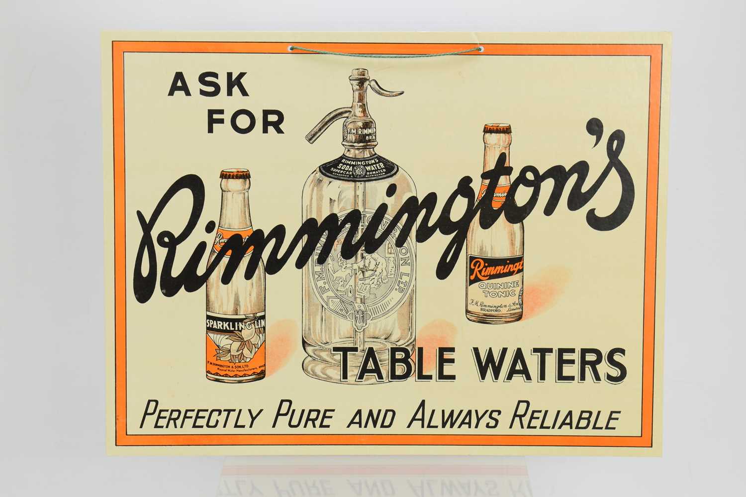 Five vintage Rimmington's Table Waters advertising shop sign, original hanging string. 37cm by