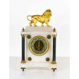 A French 20th century alabaster mantle clock with an open dial flanked by columns, gilt metal