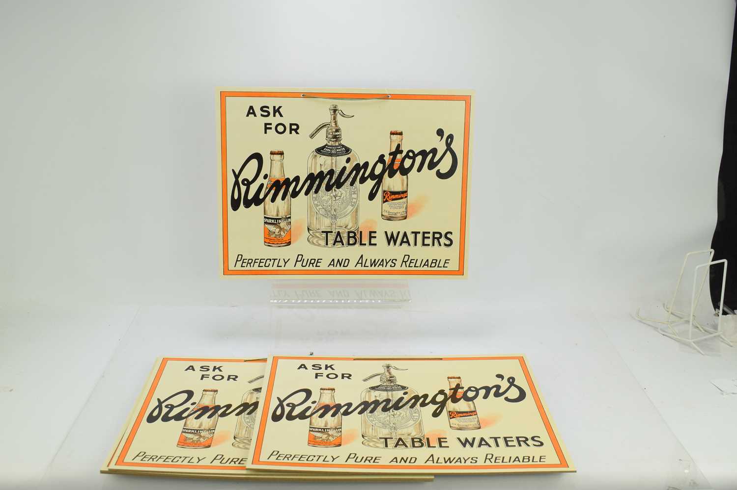 Five vintage Rimmington's Table Waters advertising shop sign, original hanging string. 37cm by - Bild 2 aus 2