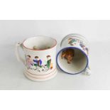 Two 19th century frog mugs, the exteriors embossed and painted to depict tavern scenes, with a