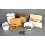 A group of collectible items to include enamel mugs, bowl, biscuit barrel, a vintage Elastoplast
