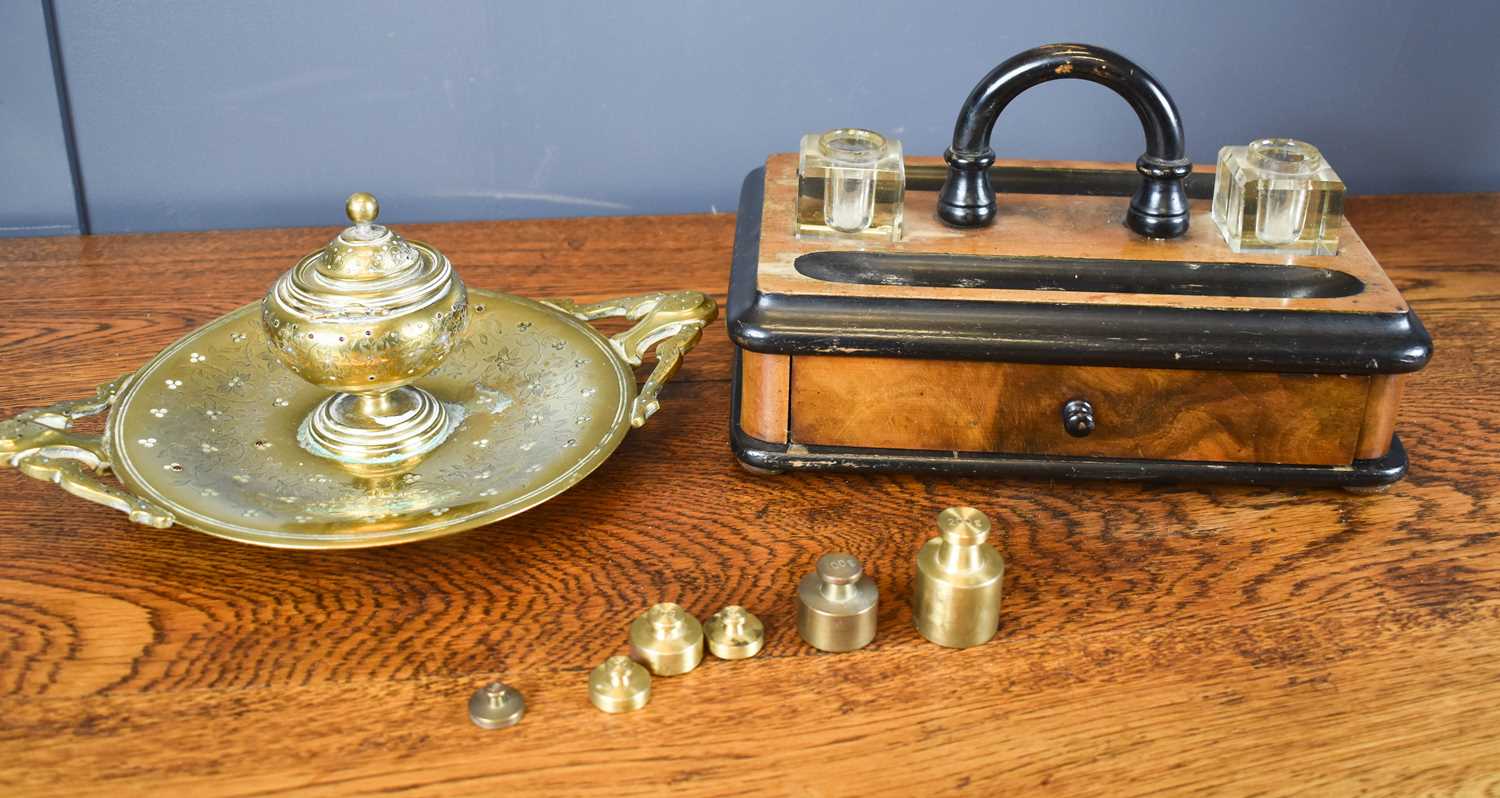 A Victorian inkstand, with ebonised pen trays and two glass inkwells, together with an Indian