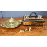 A Victorian inkstand, with ebonised pen trays and two glass inkwells, together with an Indian