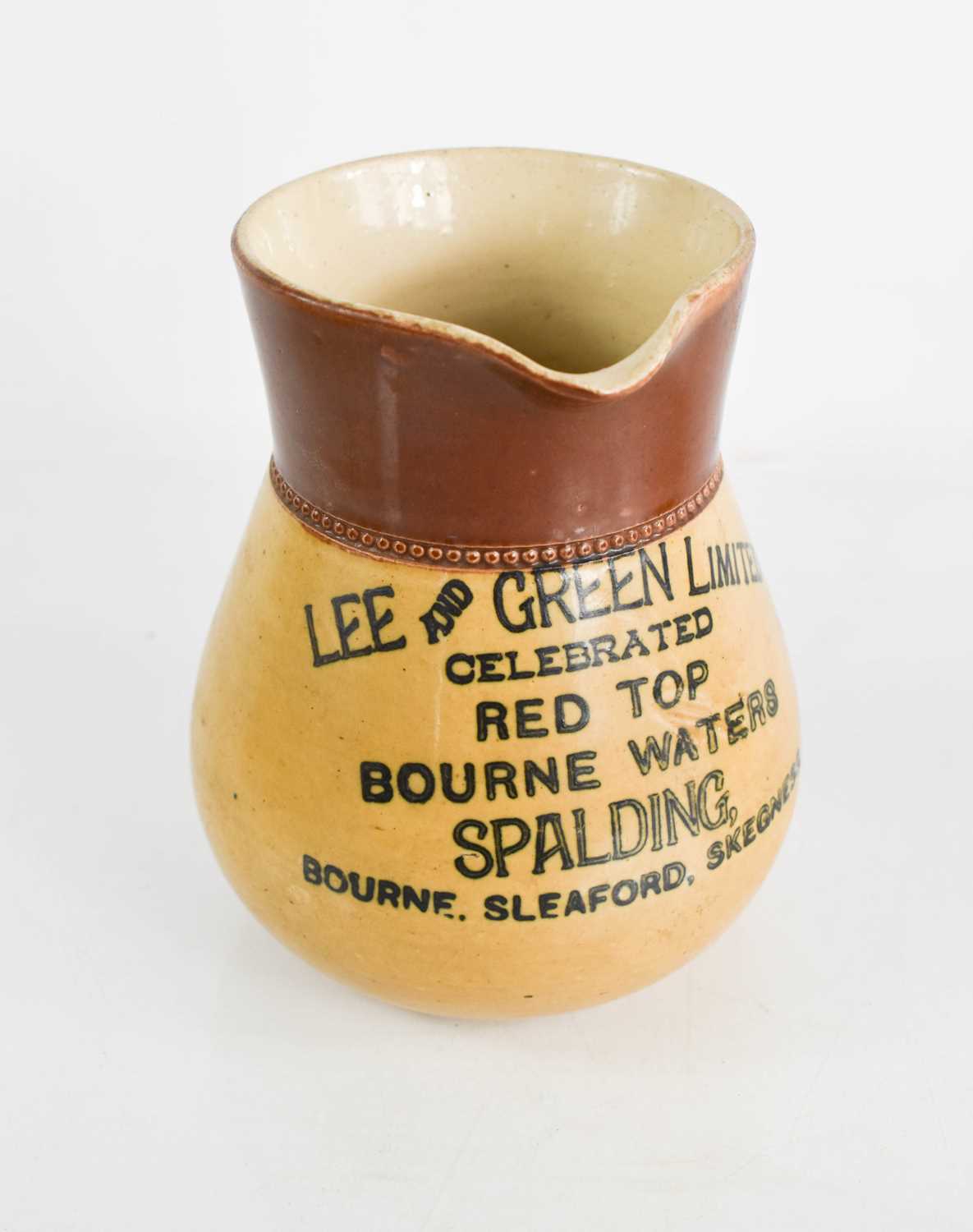 Local interest: Lee and Green Limited stoneware jug, celebrated red top Bourne waters, Spalding,